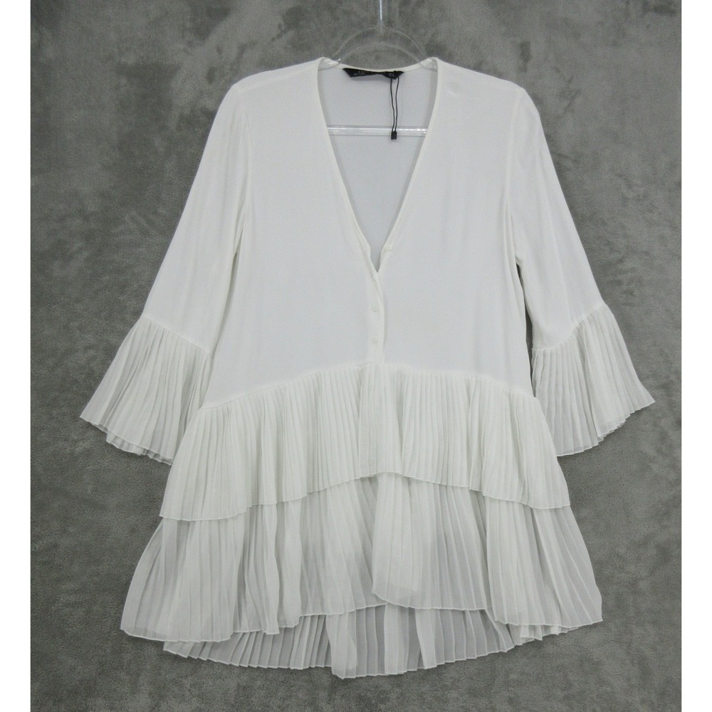 Zara Top Womens Small Pleated Hem Tiered Ruffle Bell Sleeve Coquette Feminine